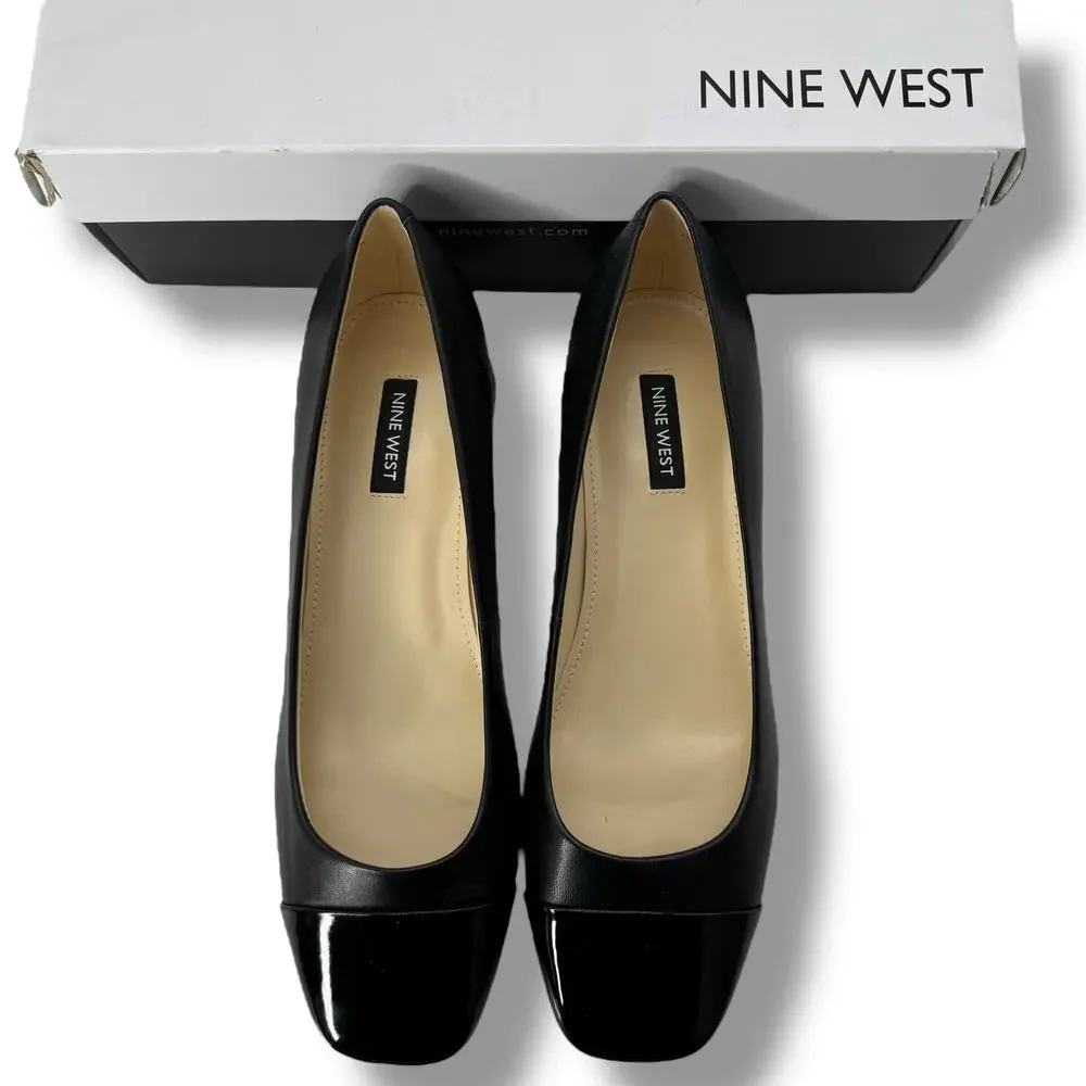 Nine West Black Leather Cap-Toe Low Block Heel Flats - Picture 8 of 11